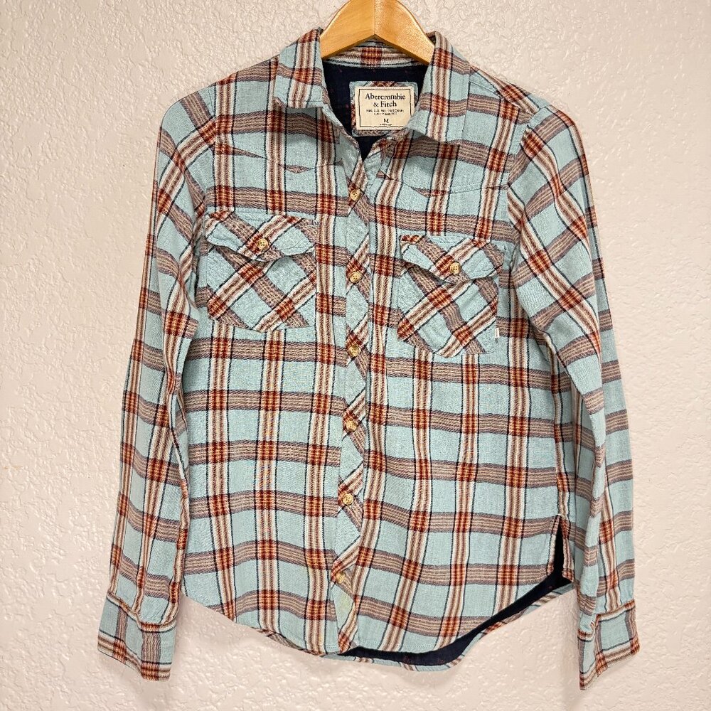Abercrombie & Fitch Blue/Orange Plaid Button Down Shirt Size Medium 100% Cotton